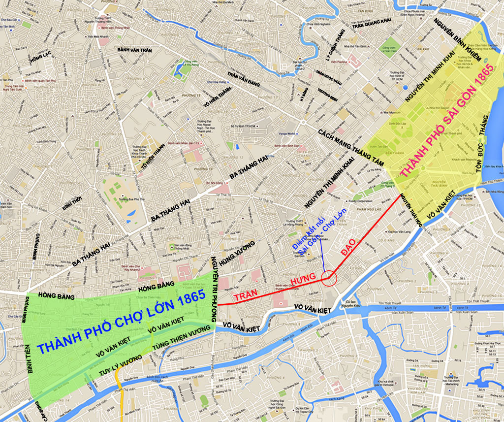 Đường Trần Hưng Đạo kết nối khu vực Sài Gòn - Chợ Lớn năm 1865 trên bản đồ TP.HCM hiện nay - Đồ họa: T.Thiên
